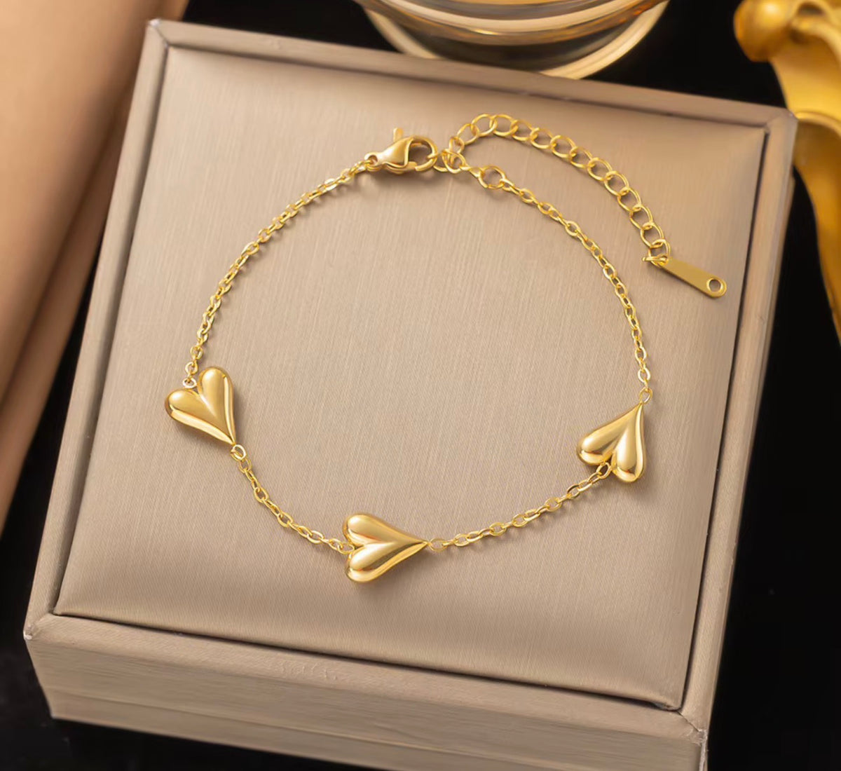 Stainless Steel Gold Triple Heart Bracelet – 8" Adjustable