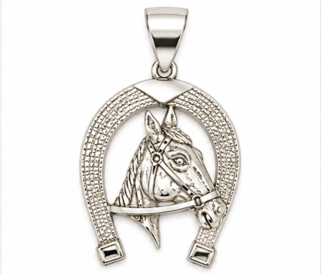 925 Sterling Silver Horse Head & Horseshoe Pendant – Medium