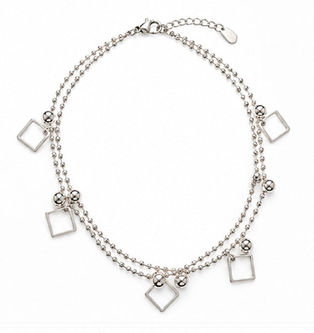 925 Sterling Silver Double-Layer Square Charm Bracelet – 8" Adjustable