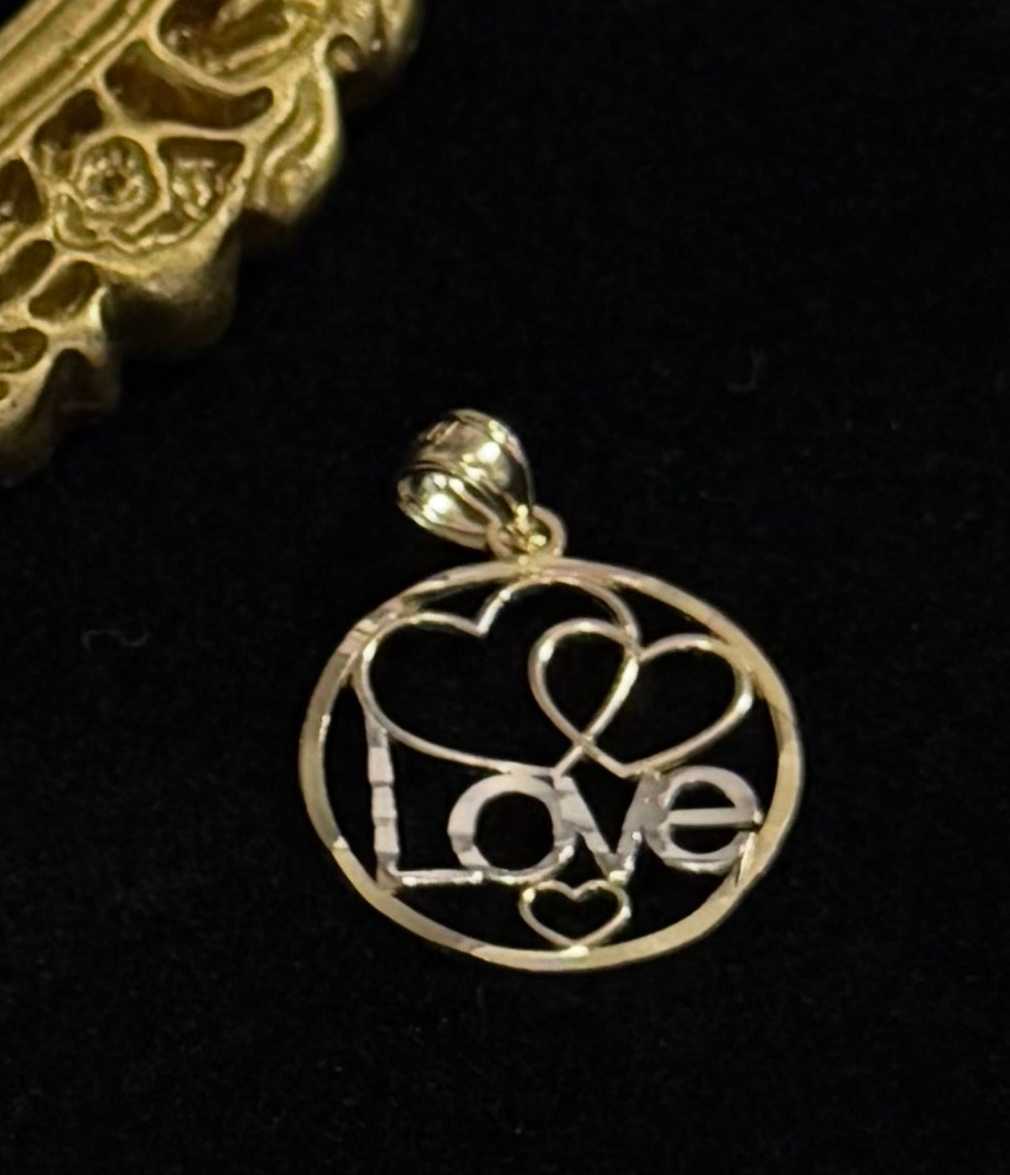 10K Two-Tone Gold “Love” & Hearts Pendant