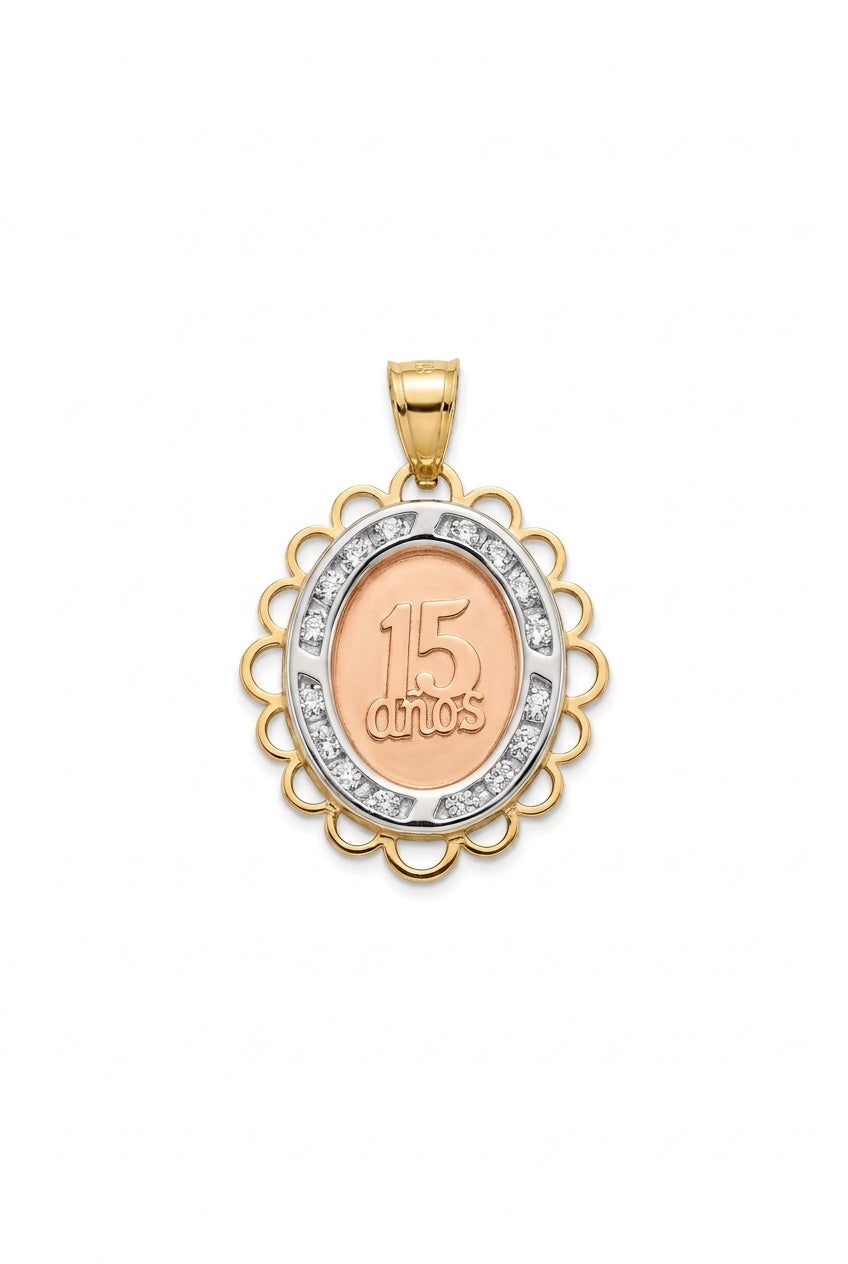14K Gold Tri-Color Quinceañera Pendant – 1”