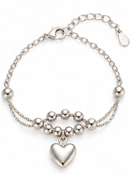 925 Sterling Silver Beaded Heart Charm Bracelet – 8" Adjustable