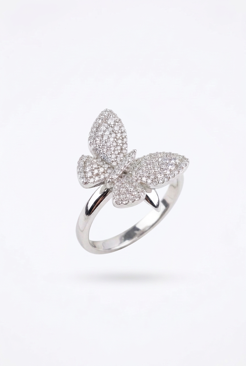 925 Sterling Silver CZ Butterfly Statement Ring – Adjustable