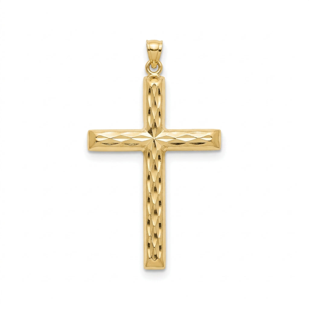 14K Gold Diamond-Cut Cross Pendant – 1.4”