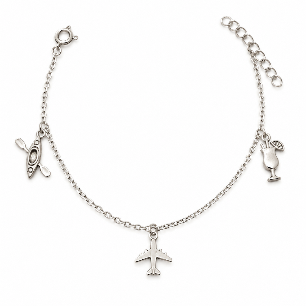 925 Sterling Silver Vacation Charm Anklet – Airplane, Cocktail & Kayak