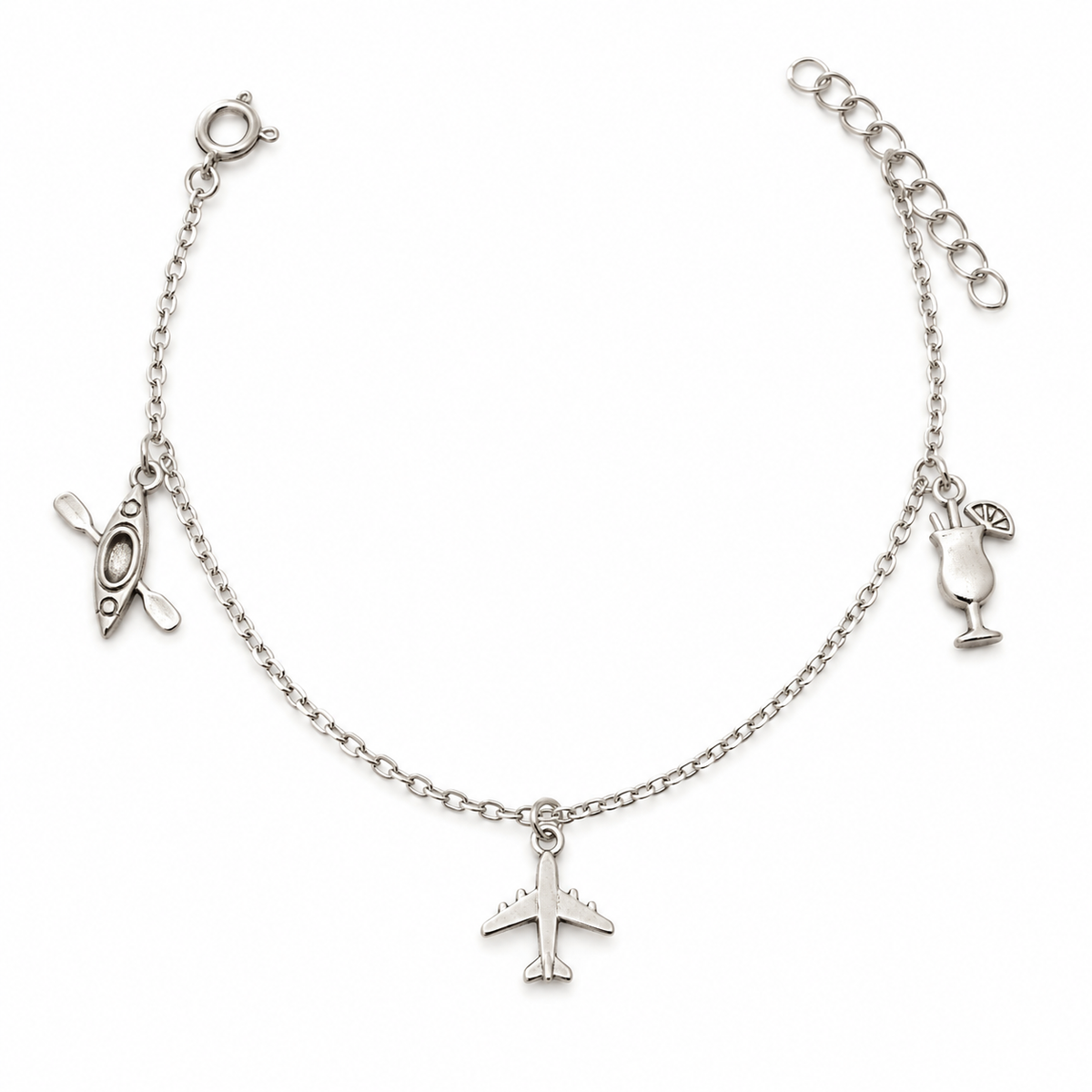 925 Sterling Silver Vacation Charm Anklet – Airplane, Cocktail & Kayak