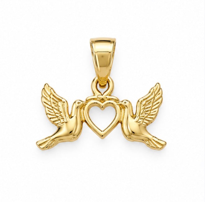 14K Gold Love Birds & Heart Pendant