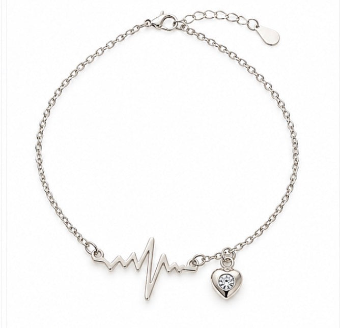 925 Sterling Silver Heartbeat & Heart Charm Anklet