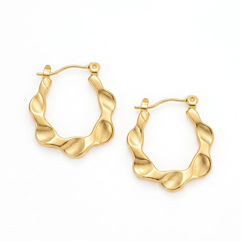 Stainless Steel Gold Wavy Hoop Earrings – Medium
