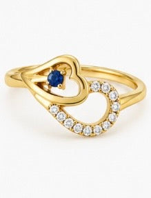 14K Yellow Gold Double Heart Blue Stone Ring – Size 7