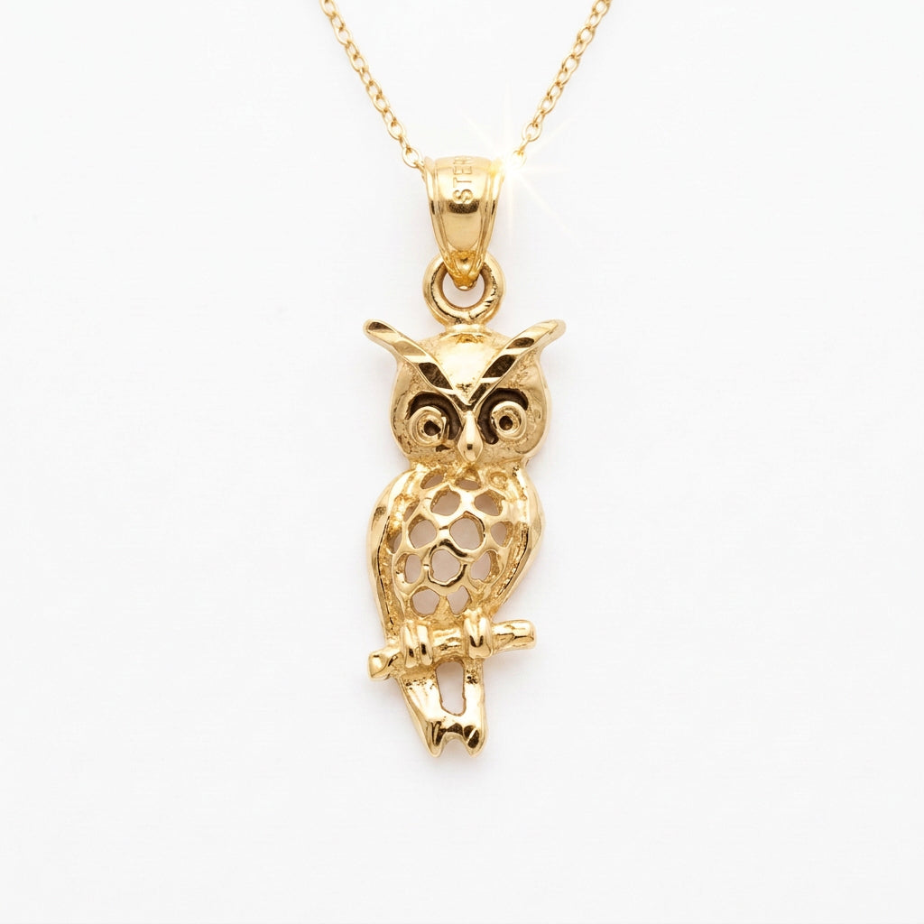 10K Gold Owl on Branch Pendant