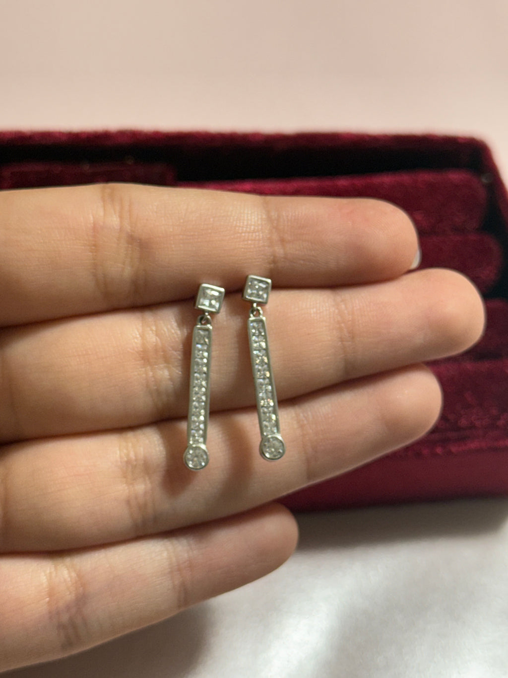 925 Sterling Silver Clear Stone Bar Drop Earrings