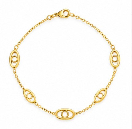 10K Yellow Gold Geometric Oval Link Anklet – 9” + 1” Adjustable