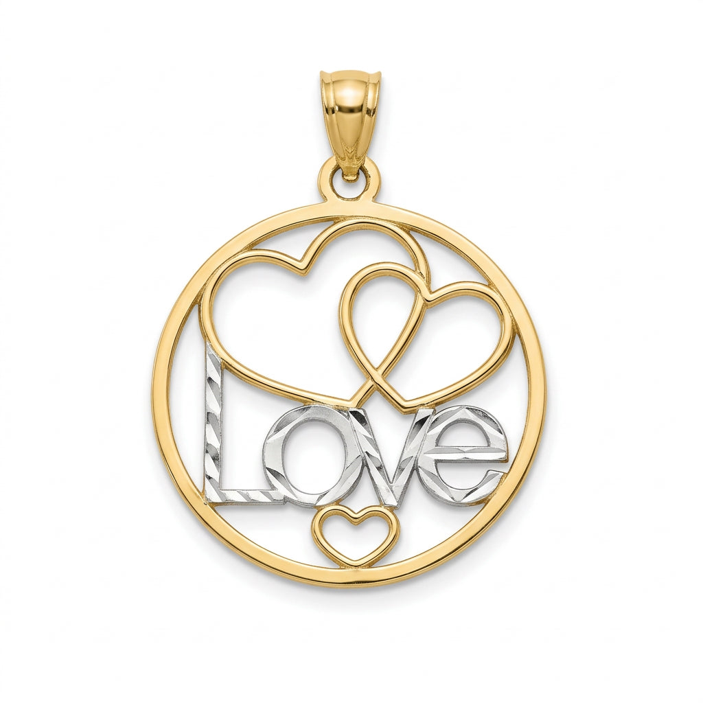 10K Two-Tone Gold “Love” & Hearts Pendant