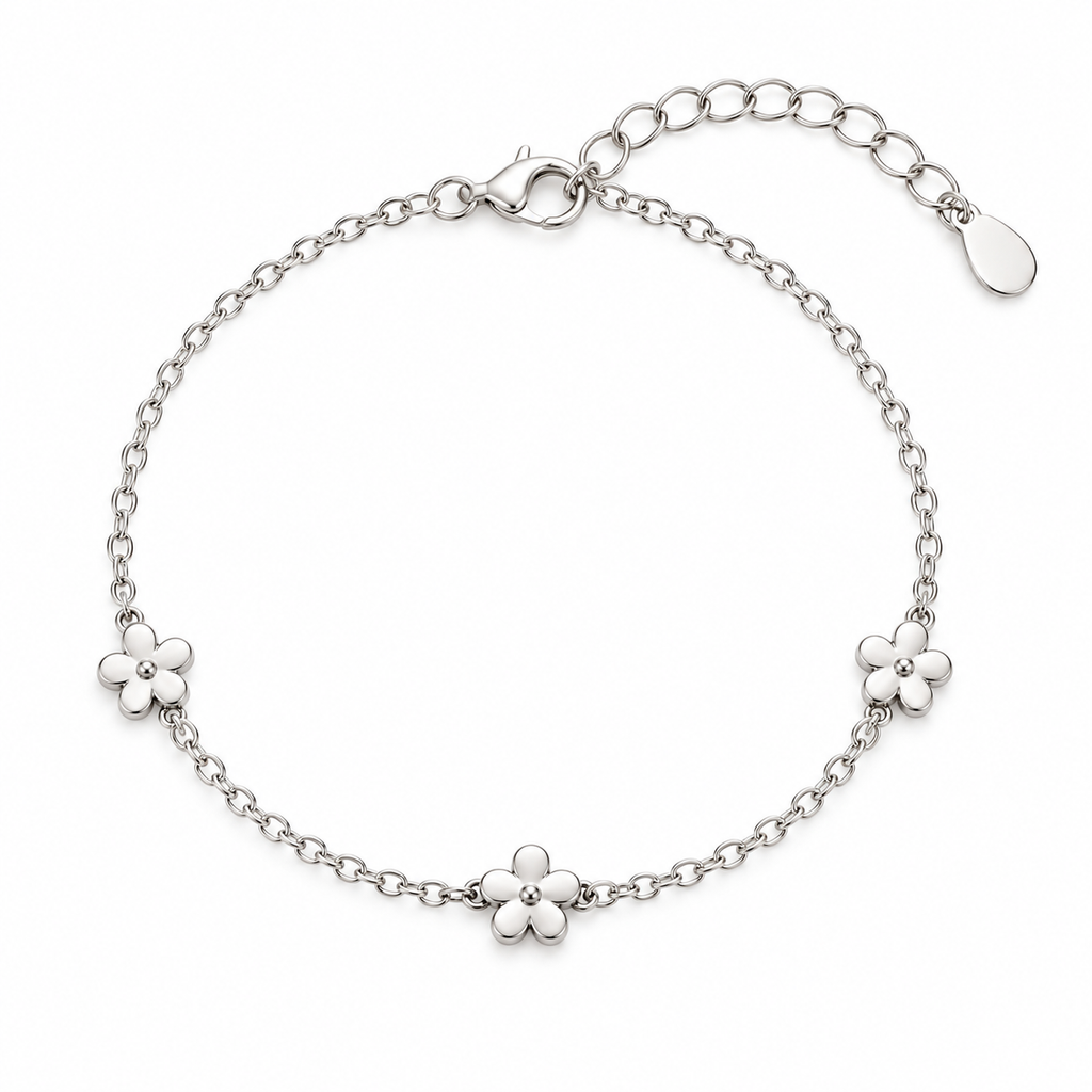 925 Sterling Silver White Clover Station Bracelet – 8" Adjustable