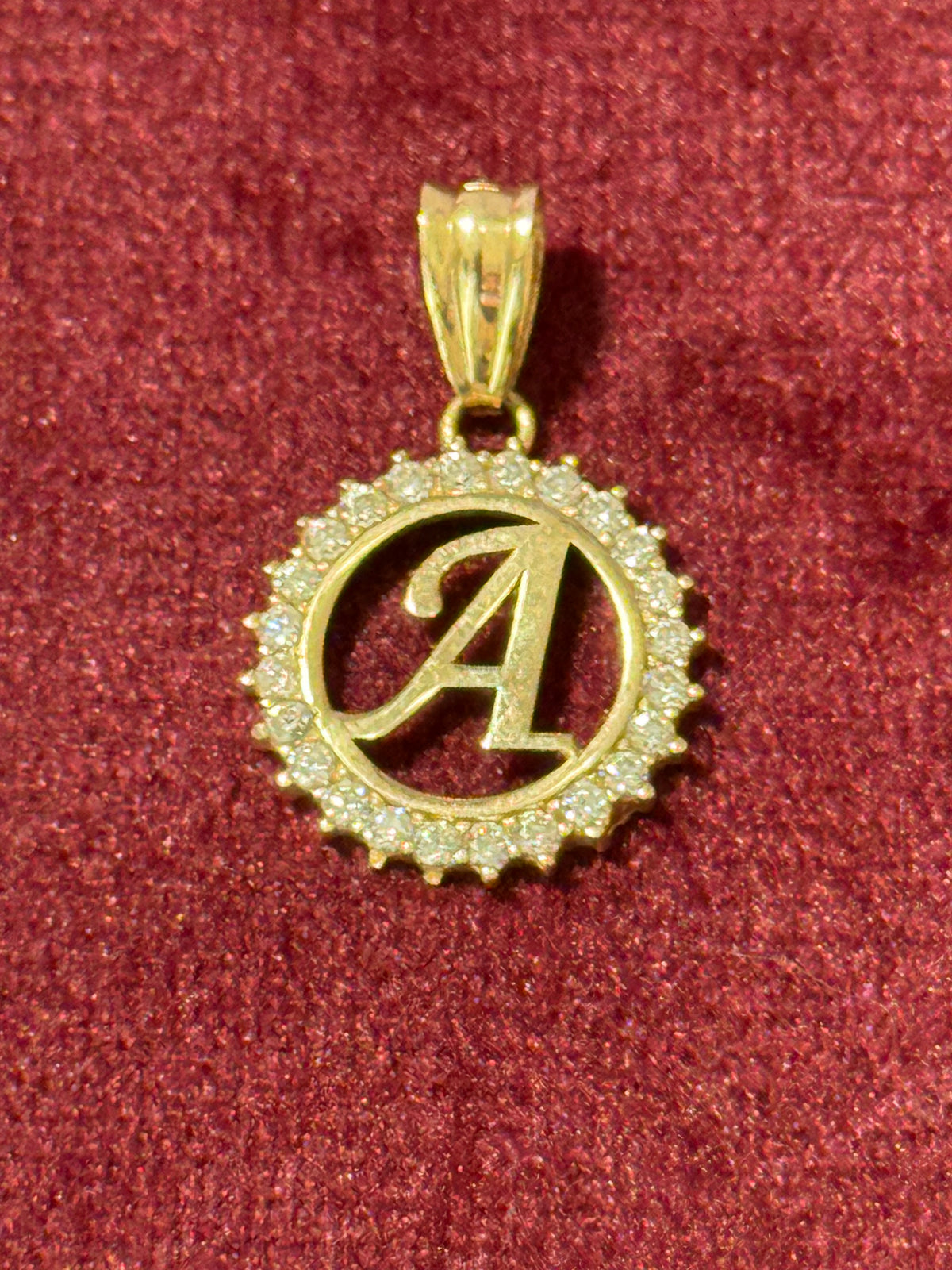 10K Gold CZ Circle Letter A Pendant