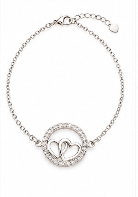 925 Sterling Silver Interlocking Double Heart Bracelet - 7-8"