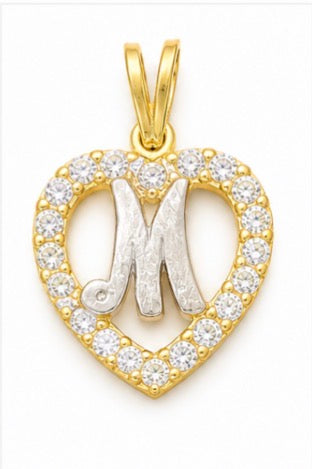 10K Gold CZ Heart & Letter M Pendant