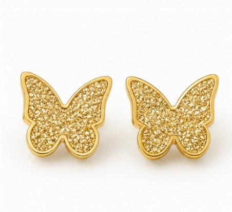 Gold Stainless Steel Sparkling Butterfly Stud Earrings