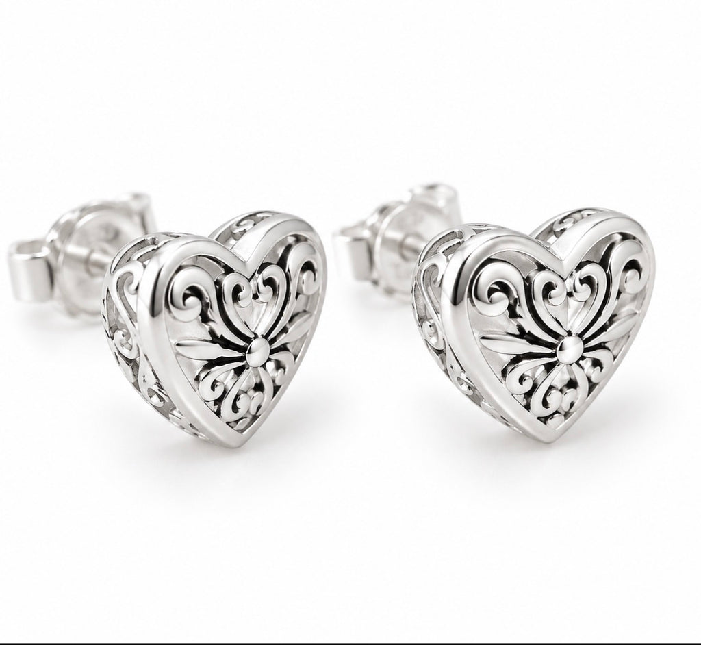 925 Sterling Silver Filigree Heart Stud Earrings
