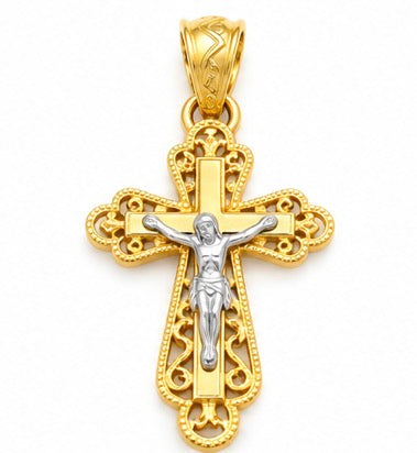 10K Gold Vintage-Style Two-Tone Cross Pendant