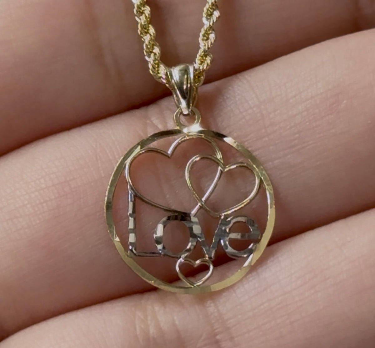 10K Two-Tone Gold “Love” & Hearts Pendant