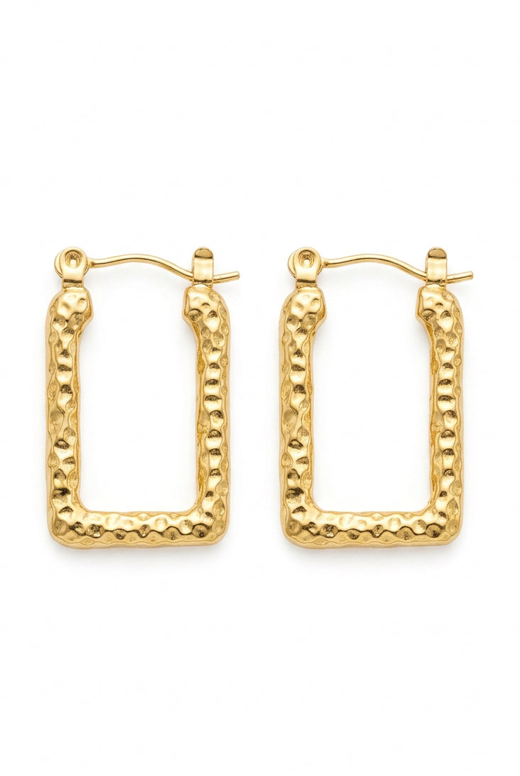 Stainless Steel Gold Hammered Rectangle Hoop Earrings – Medium