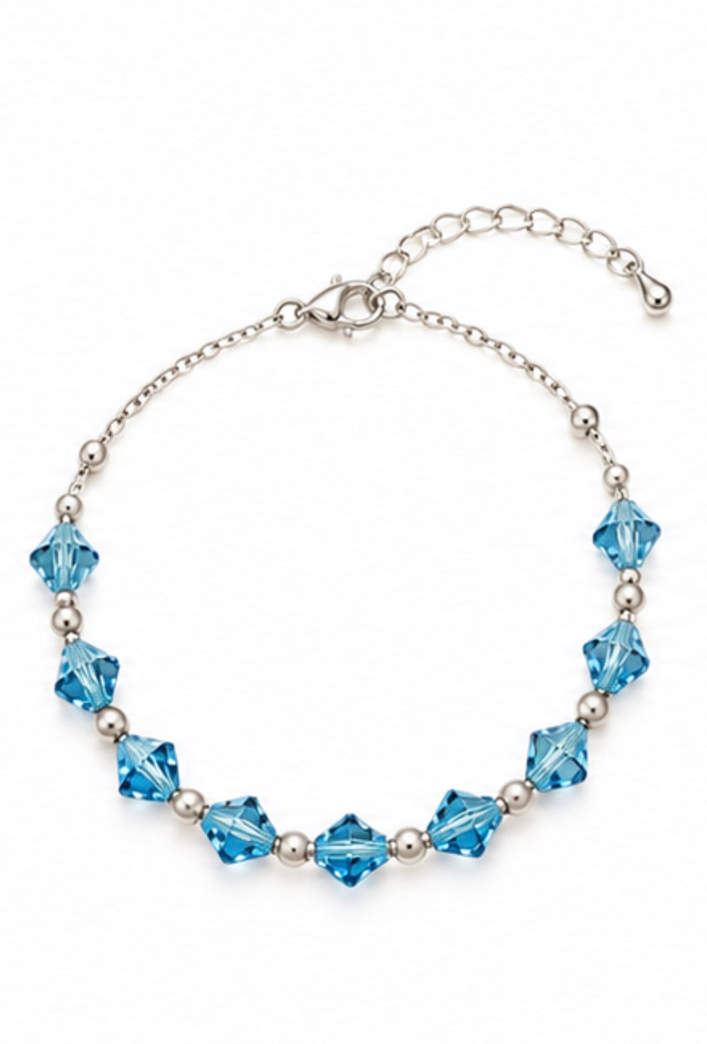 925 Sterling Silver Blue Crystal Beaded Bracelet – 7" Adjustable