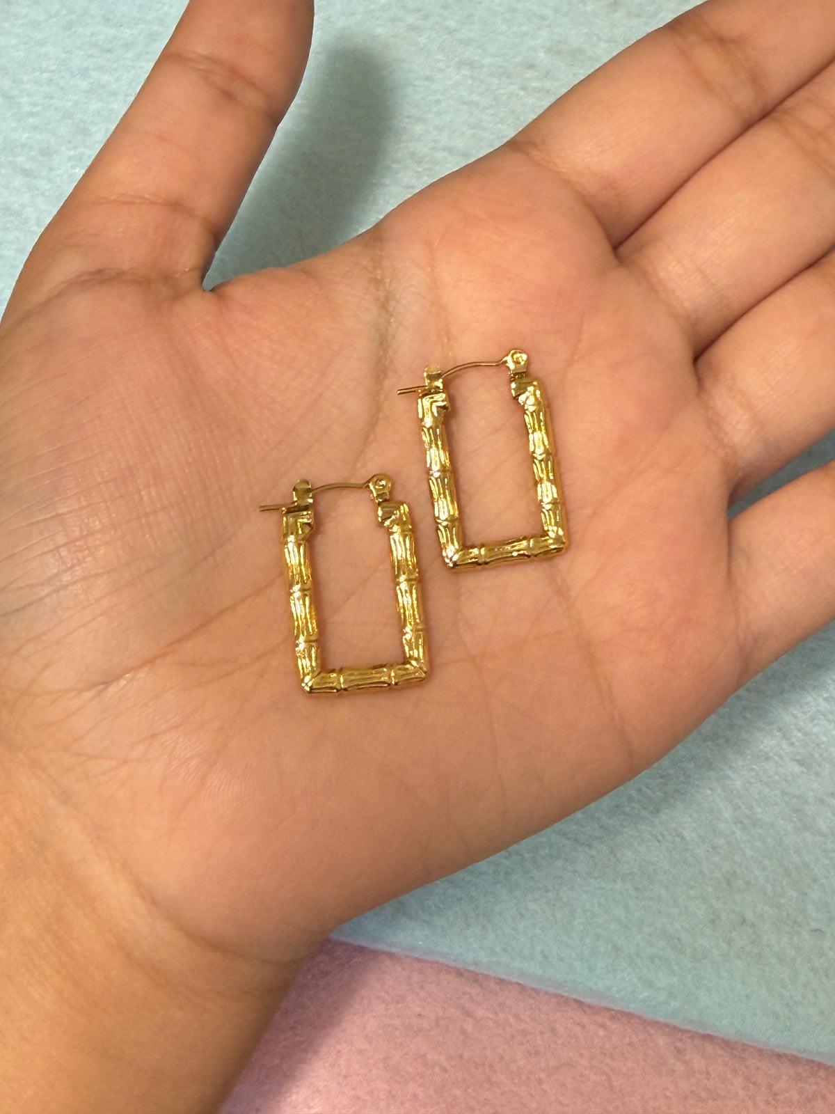 Stainless Steel Gold Bamboo Rectangle Hoop Earrings – Medium