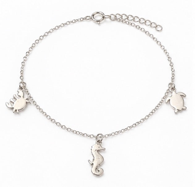 925 Sterling Silver Ocean Life Charm Anklet – Seahorse, Crab & Turtle