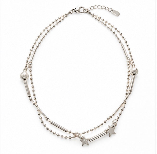 925 Sterling Silver Double-Layered Star & Bead Anklet – Adjustable