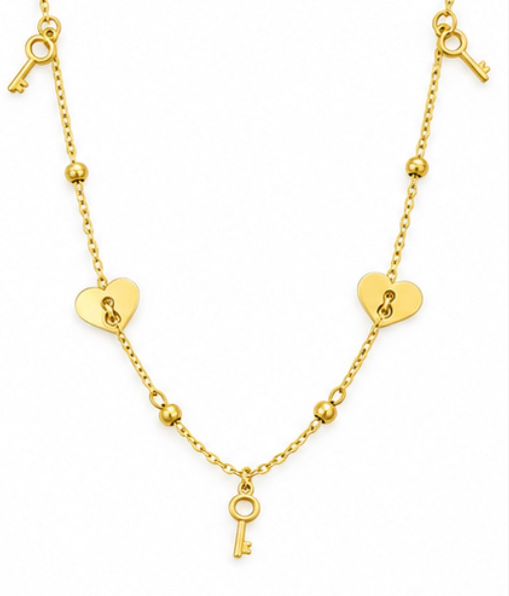 10K Yellow Gold Heart & Key Charm Anklet – 9” + 1” Adjustable