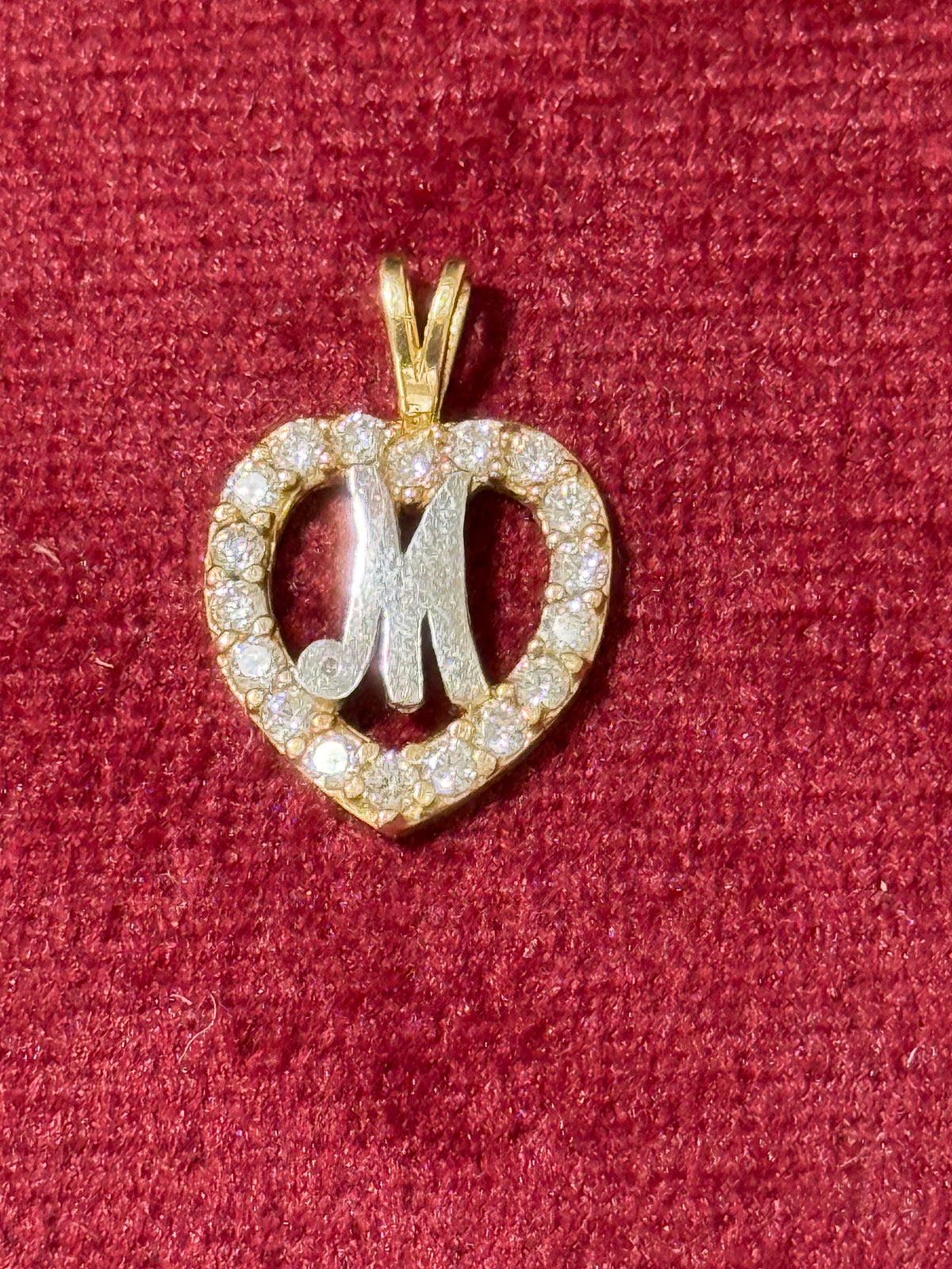 10K Gold CZ Heart & Letter M Pendant