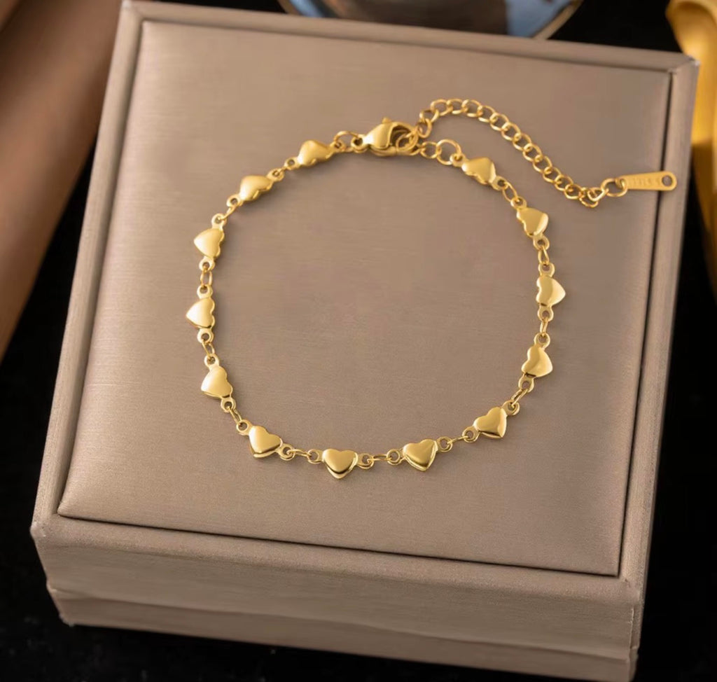Stainless Steel Gold Heart Link Bracelet – 8" Adjustable