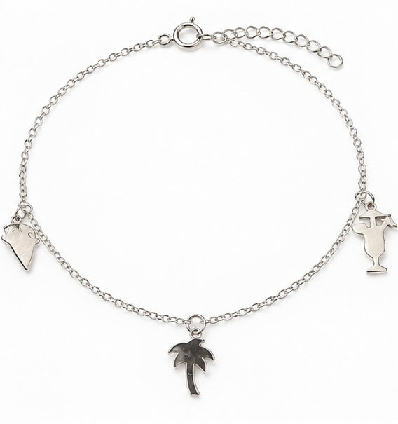 925 Sterling Silver Tropical Palm Tree & Dolphin Charm Anklet