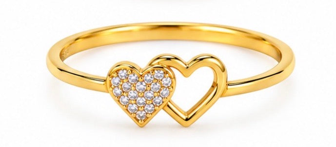 14K Gold Double Heart CZ Ring – Size 7