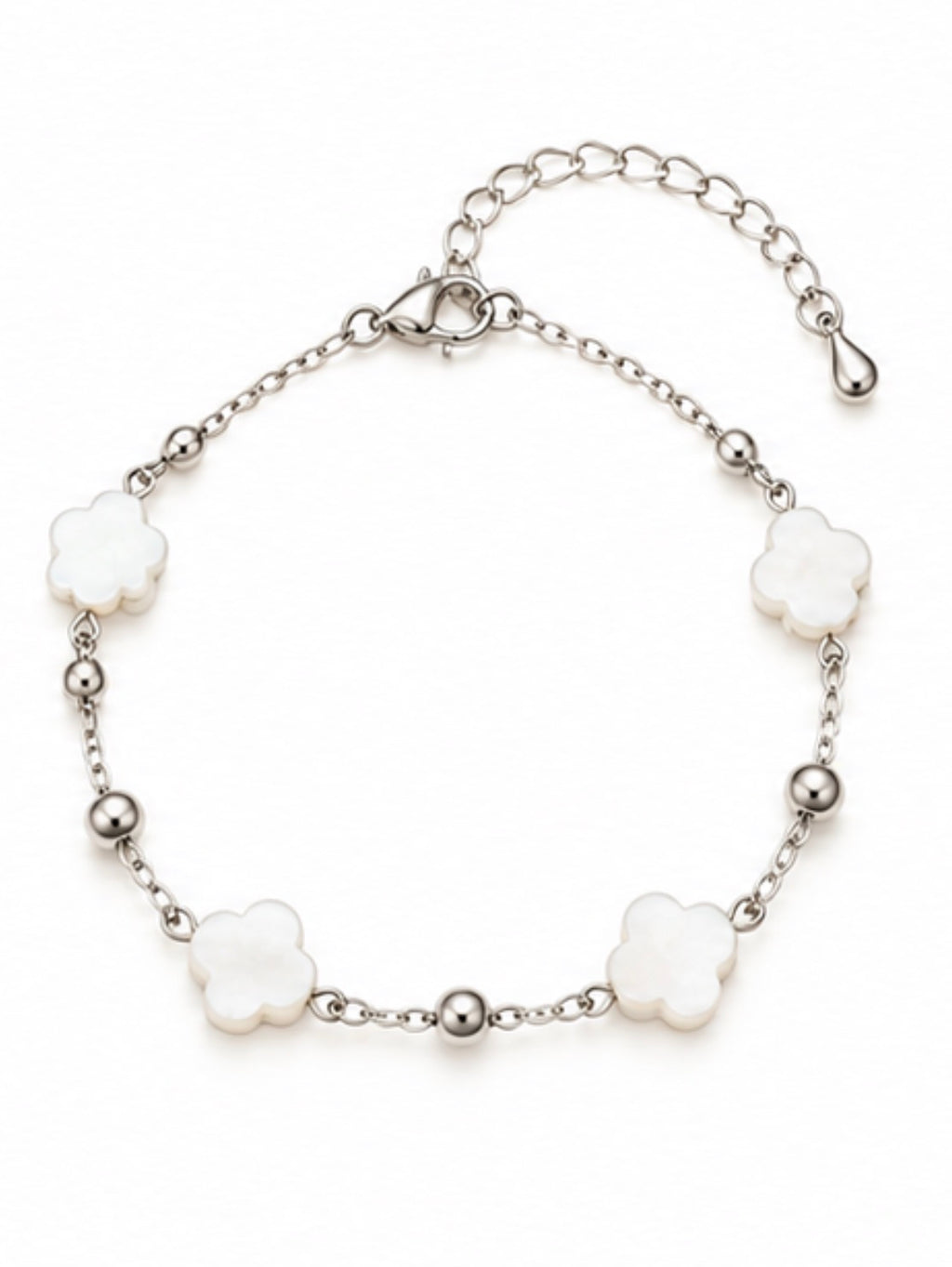 925 Sterling Silver White Clover Beaded Bracelet – 8" Adjustable