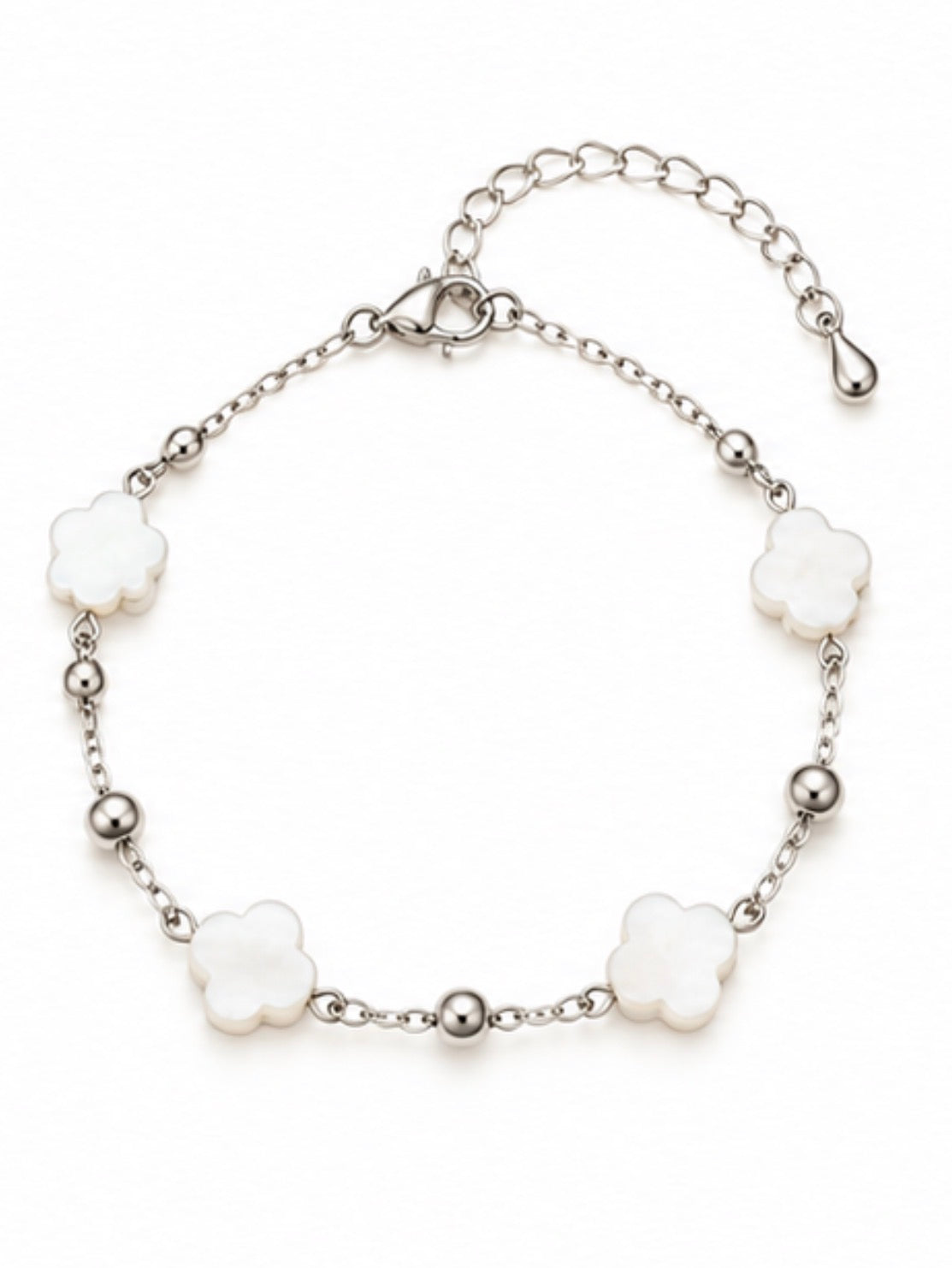 925 Sterling Silver White Clover Beaded Bracelet – 8" Adjustable