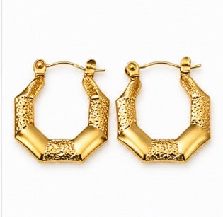Stainless Steel Gold Textured J-Hoop Earrings – Medium