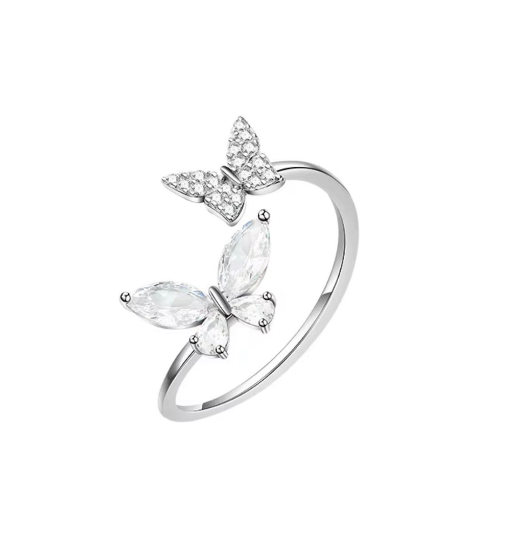 925 Sterling Silver Double Butterfly CZ Adjustable Ring