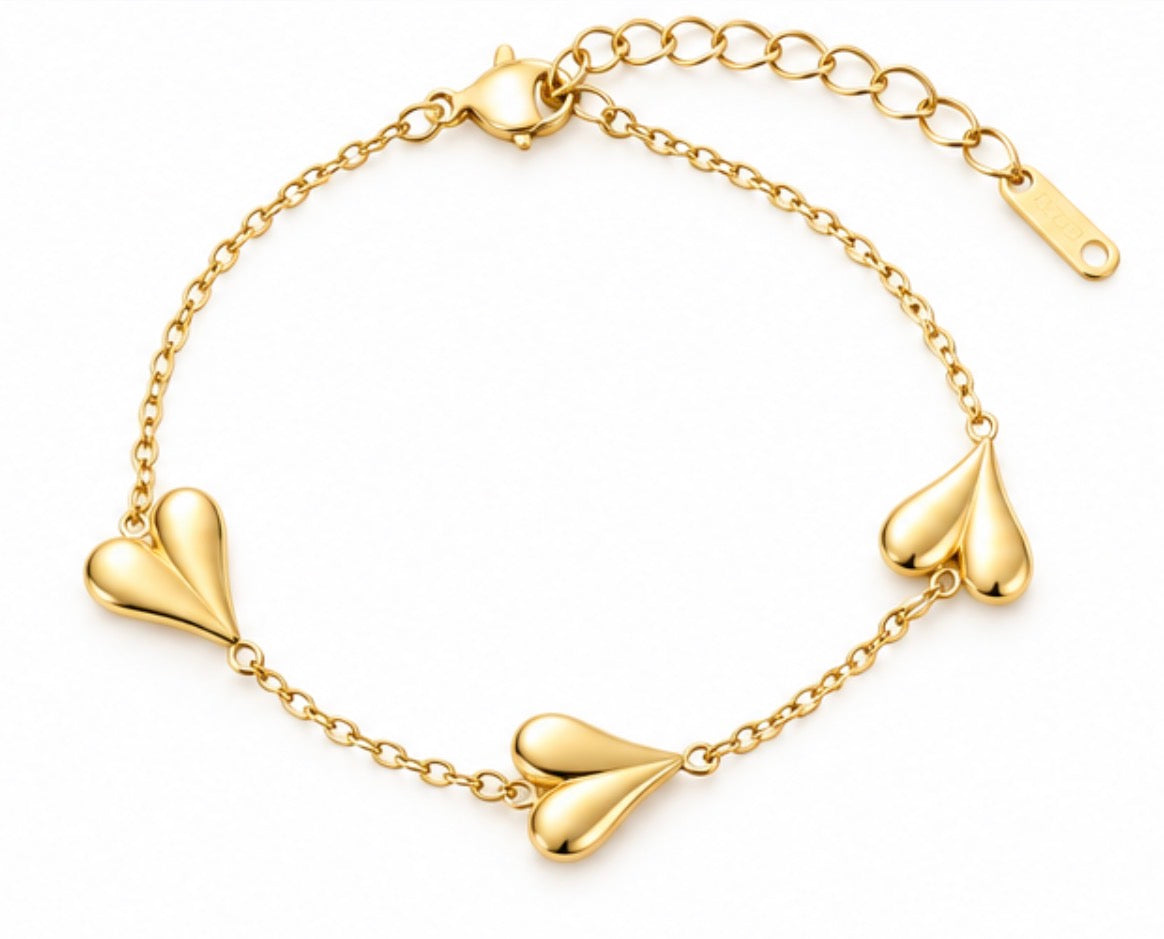 Stainless Steel Gold Triple Heart Bracelet – 8" Adjustable