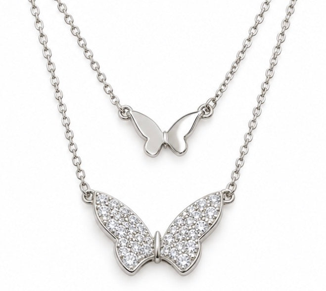 925 Sterling Silver Double Butterfly Layered Necklace - 18"
