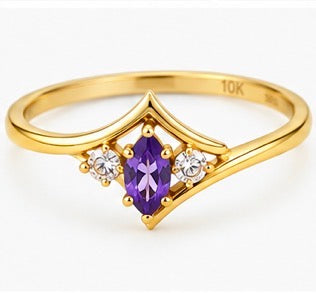 10K Yellow Gold Purple Marquise Stone V-Shaped Ring – Size 8