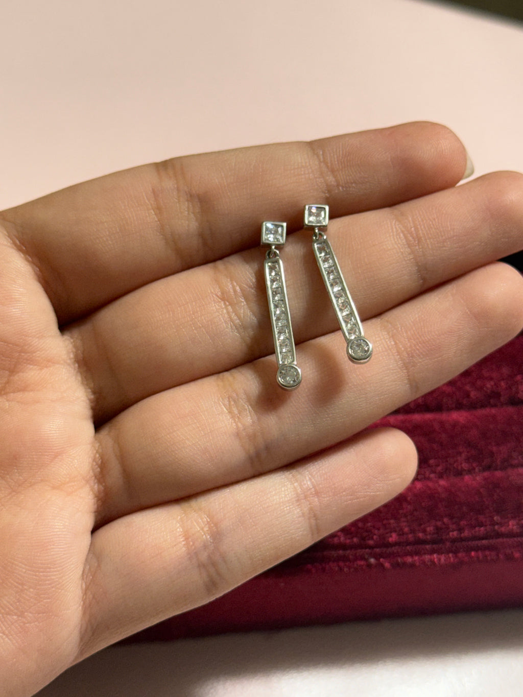 925 Sterling Silver Clear Stone Bar Drop Earrings