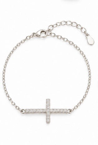 925 Sterling Silver Sparkling Sideways Cross Bracelet – 8" Adjustable