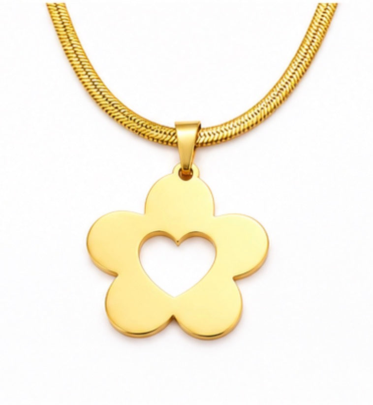 Gold Stainless Steel Five-Petal Flower & Heart Necklace – 18"