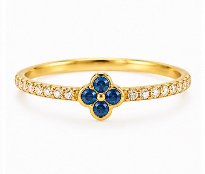 10K Gold Blue Clover CZ Ring – Size 7