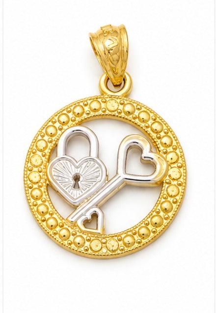10K Two-Tone Lock & Key Circle Pendant