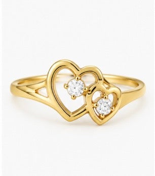 10K Yellow Gold Interlocking Double Heart Ring with Sparkling Stones – Size 7