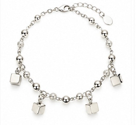 925 Sterling Silver Double-Layer Cube Charm Bracelet – 8" Adjustable
